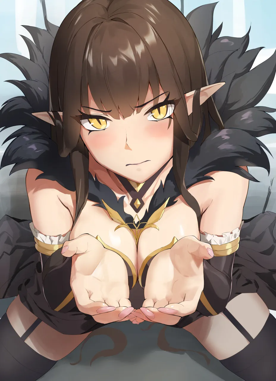 1girl absurdly_long_hair black_dress black_hair black_sleeves black_thighhighs blush breasts detached_sleeves dress fate__series fate_apocrypha fate_grand_order fur_trim garter_straps large_breasts long_dress long_hair long_sleeves mazenda__3378 pointy_ears semiramis__fate solo thighhighs very_long_hair yellow_eyes