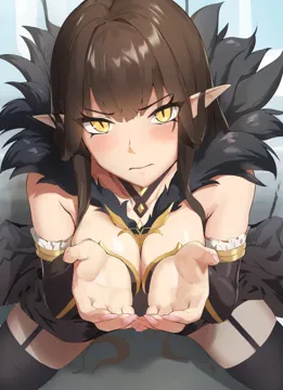 1girl absurdly_long_hair black_dress black_hair black_sleeves black_thighhighs blush breasts detached_sleeves dress fate__series fate_apocrypha fate_grand_order fur_trim garter_straps large_breasts long_dress long_hair long_sleeves mazenda__3378 pointy_ears semiramis__fate solo thighhighs very_long_hair yellow_eyes