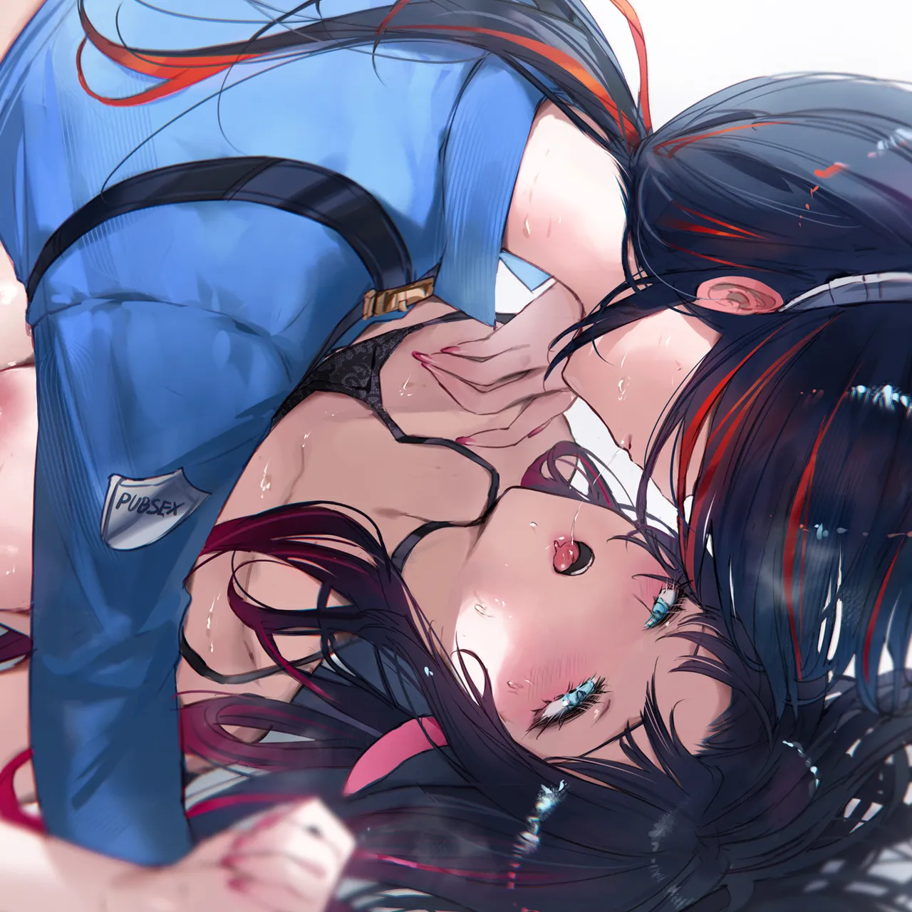 2girls after_kiss animal_ears aqua_eyes black_bra black_hair black_jacket blue_jacket blush bra closed_mouth hair_spread_out jacket light_areolae looking_at_another mouse_ears mouse_girl multicolored_hair multiple_girls nail_polish nape open_mouth orange_hair pink_hair pink_nails ponytail saliva saliva_trail streaked_hair tongue tongue_out underwear yuri qiandaiyiyu zenless_zone_zero jane_doe__zenless_zone_zero zhu_yuan__zenless_zone_zero