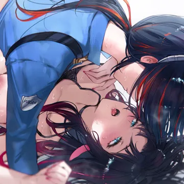 2girls after_kiss animal_ears aqua_eyes black_bra black_hair black_jacket blue_jacket blush bra closed_mouth hair_spread_out jacket light_areolae looking_at_another mouse_ears mouse_girl multicolored_hair multiple_girls nail_polish nape open_mouth orange_hair pink_hair pink_nails ponytail saliva saliva_trail streaked_hair tongue tongue_out underwear yuri qiandaiyiyu zenless_zone_zero jane_doe__zenless_zone_zero zhu_yuan__zenless_zone_zero