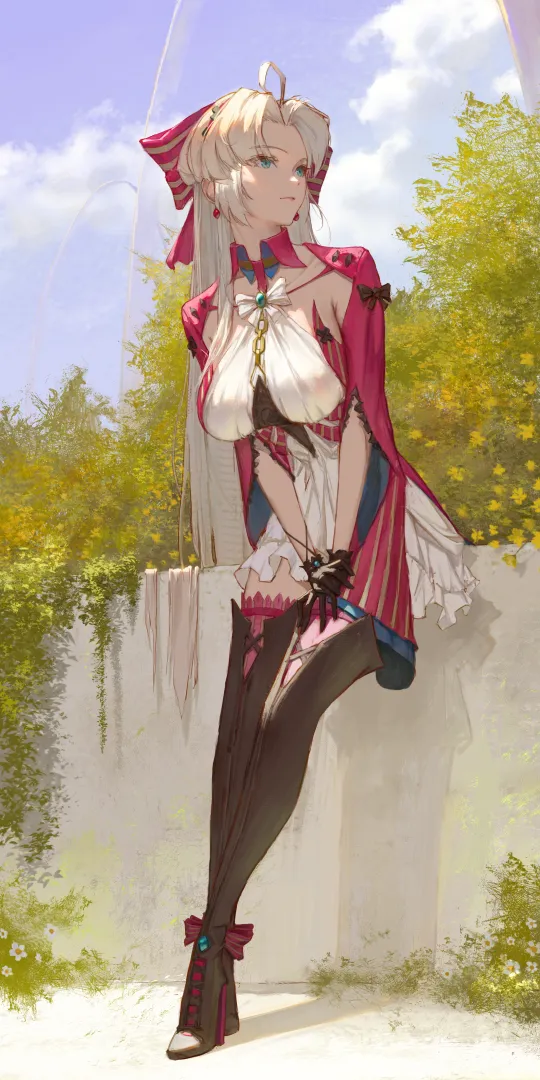1girl ahoge black_bonnet black_gloves bonnet boots bow breasts dress earrings full_body gloves hair_bow hairband jacket jewelry large_breasts long_hair looking_to_the_side parted_bangs pink_bow pink_hairband pink_jacket pink_thighhighs solo striped_bow tachi_e thighhighs thighhighs_under_boots white_dress sib__9obsl wuthering_waves carlotta__wuthering_waves
