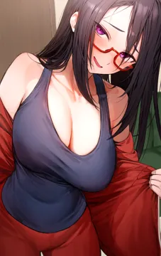 1girl black_hair black_tank_top blush breasts cleavage collarbone covered_navel demi_chan_wa_kataritai glasses head_tilt holding holding_jacket holding_unworn_clothes indoors jacket jacket_partially_removed large_breasts long_hair looking_at_viewer marse__rokudaime open_clothes open_jacket pants purple_eyes red_framed_eyewear red_jacket red_pants satou_sakie shirt sidelocks smile solo straight_hair tank_top taut_clothes taut_shirt track_jacket track_pants