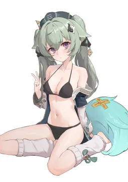 1girl animal_ears bare_shoulders barefoot bikini black_bikini breasts cleavage closed_mouth coin_hair_ornament cosplay fox_ears fox_girl fox_tail full_body green_hair green_hat green_tail hair_ornament hand_up hat huohuo__honkai__star_rail__cosplay jacket leg_warmers long_hair long_sleeves looking_at_viewer navel off_shoulder open_clothes open_jacket purple_eyes simple_background sitting solo swimsuit tail tassel twintails white_background white_leg_warmers yokozuwari hasu_no_shiro honkai__star_rail honkai__series mihoyo zenless_zone_zero corin_wickes__zenless_zone_zero huohuo__honkai__star_rail