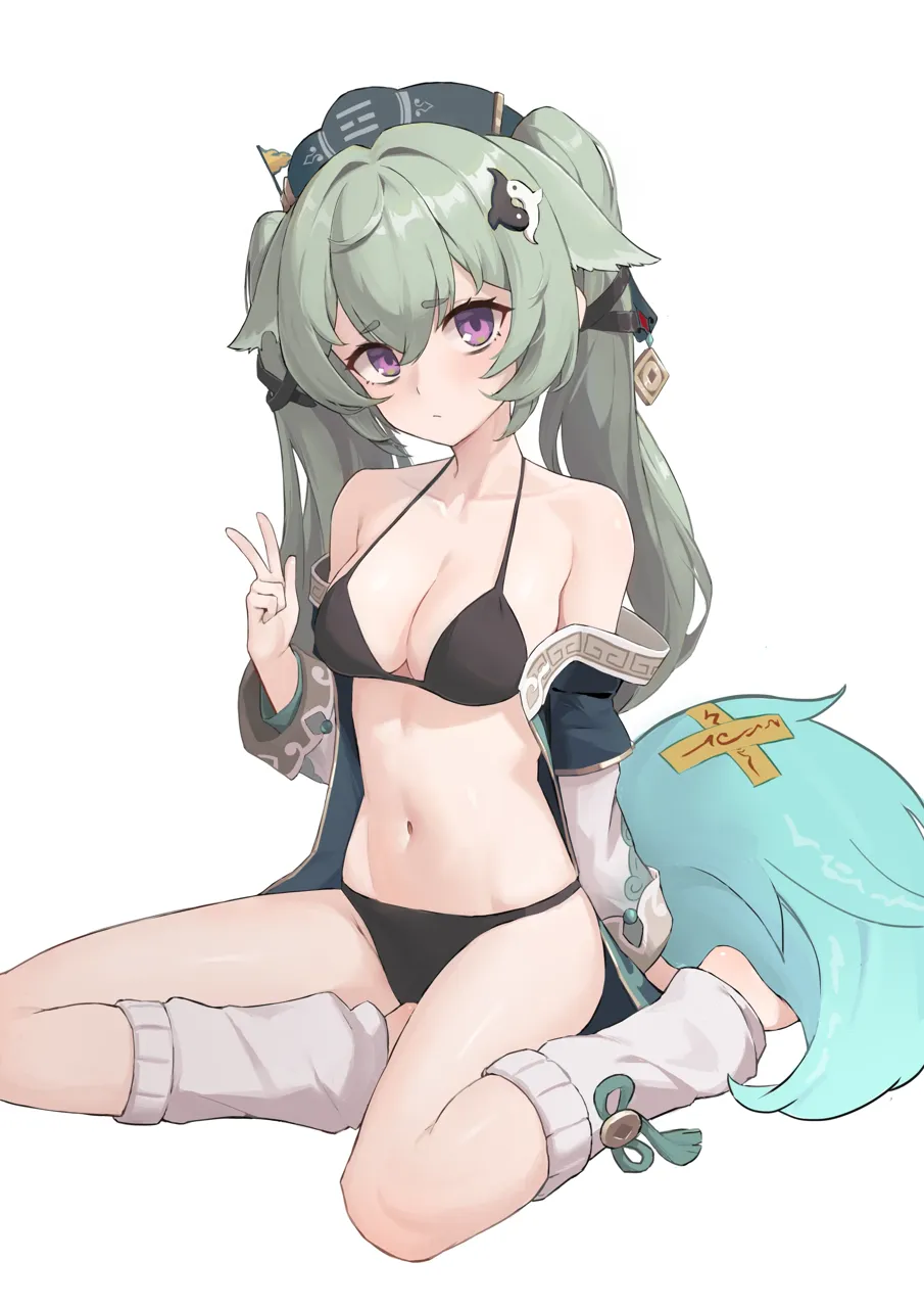 1girl animal_ears bare_shoulders barefoot bikini black_bikini breasts cleavage closed_mouth coin_hair_ornament cosplay fox_ears fox_girl fox_tail full_body green_hair green_hat green_tail hair_ornament hand_up hat huohuo__honkai__star_rail__cosplay jacket leg_warmers long_hair long_sleeves looking_at_viewer navel off_shoulder open_clothes open_jacket purple_eyes simple_background sitting solo swimsuit tail tassel twintails white_background white_leg_warmers yokozuwari hasu_no_shiro honkai__star_rail honkai__series mihoyo zenless_zone_zero corin_wickes__zenless_zone_zero huohuo__honkai__star_rail