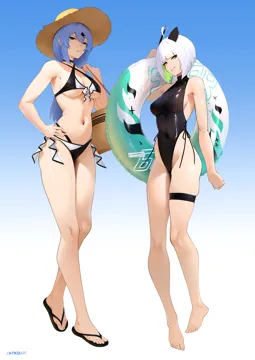 2girls ahoge barefoot bikini black_bikini black_one_piece_swimsuit black_sandals blue_background blue_hair bob_cut breasts cleavage covered_navel feet full_body gradient_background green_eyes grin hair_between_eyes halterneck hand_on_own_hip hat highleg highleg_one_piece_swimsuit holding holding_swim_ring legs long_hair looking_at_viewer multicolored_bikini multiple_girls navel one_piece_swimsuit sandals side_tie_one_piece_swimsuit smile standing stomach straw_hat sun_hat swim_ring swimsuit thigh_strap thighs toenails toes two_tone_bikini underboob white_background white_bikini white_hair the_atko eloise__the_atko saki__the_atko