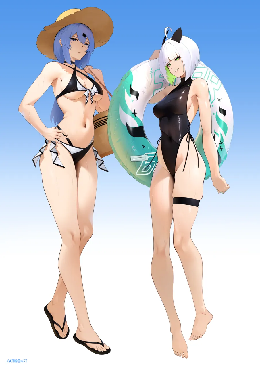 2girls ahoge barefoot bikini black_bikini black_one_piece_swimsuit black_sandals blue_background blue_hair bob_cut breasts cleavage covered_navel feet full_body gradient_background green_eyes grin hair_between_eyes halterneck hand_on_own_hip hat highleg highleg_one_piece_swimsuit holding holding_swim_ring legs long_hair looking_at_viewer multicolored_bikini multiple_girls navel one_piece_swimsuit sandals side_tie_one_piece_swimsuit smile standing stomach straw_hat sun_hat swim_ring swimsuit thigh_strap thighs toenails toes two_tone_bikini underboob white_background white_bikini white_hair the_atko eloise__the_atko saki__the_atko
