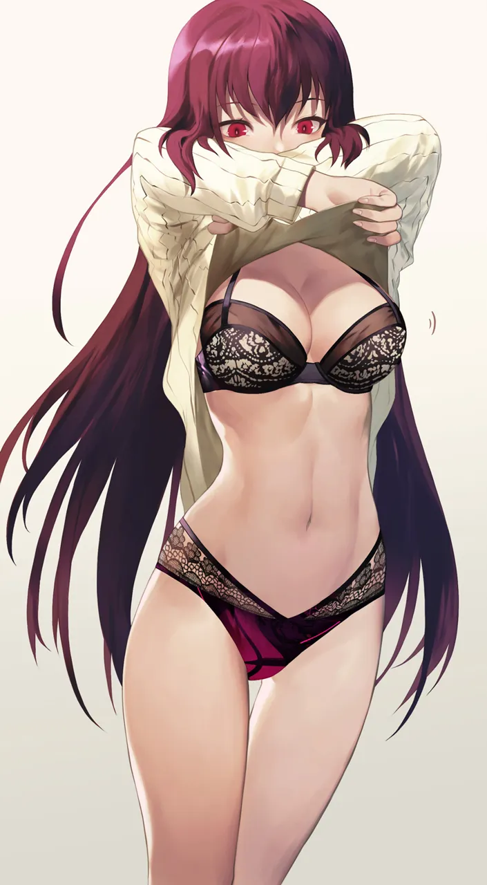 1girl alternate_costume arms_up black_bra bra breasts bright_pupils cleavage cowboy_shot fate__series fate_grand_order fingernails gradient_background grey_background lace lace_trim lace_trimmed_panties lingerie long_hair long_sleeves looking_down medium_breasts mismatched_underwear motion_lines navel panties pink_panties purple_hair red_eyes salmon88 scathach__fate solo standing stomach straight_hair sweater thigh_gap thighs tsurime underwear undressing very_long_hair