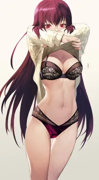 1girl alternate_costume arms_up black_bra bra breasts bright_pupils cleavage cowboy_shot fate__series fate_grand_order fingernails gradient_background grey_background lace lace_trim lace_trimmed_panties lingerie long_hair long_sleeves looking_down medium_breasts mismatched_underwear motion_lines navel panties pink_panties purple_hair red_eyes salmon88 scathach__fate solo standing stomach straight_hair sweater thigh_gap thighs tsurime underwear undressing very_long_hair