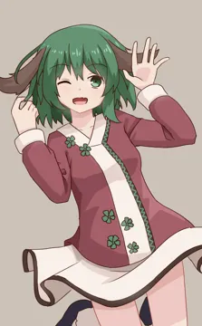 1girl animal_ears arms_up blush cowboy_shot dog_ears dress fang feet_up green_eyes green_hair grey_background hair_between_eyes hands_up knees_out_of_frame long_sleeves looking_at_viewer one_hour_drawing_challenge one_eye_closed open_mouth short_dress simple_background smile solo afensorm kasodani_kyouko__touhou