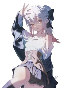 1girl alternate_costume arm_up bare_shoulders black_skirt breasts ear_piercing horns long_hair long_sleeves looking_at_viewer multicolored_hair off_shoulder oni parted_lips piercing pleated_skirt ponytail signature skin_covered_horns skirt small_breasts solo streaked_hair virtual_youtuber white_background white_hair maria_onnette hololive nakiri_ayame__hololive