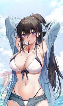 2girls armpits arms_behind_head arms_up bare_shoulders bikini black_hair blue_jacket blue_shorts blurry blush breasts cleavage collarbone counter_side cowboy_shot cutoffs day denim denim_shorts depth_of_field dot_nose expressionless front_tie_bikini_top front_tie_top hair_between_eyes hair_ornament hair_tie_in_mouth hairclip halterneck highleg highleg_bikini hilde__counter_side jacket large_breasts long_hair long_sleeves looking_at_viewer maett micro_shorts mouth_hold multiple_girls navel off_shoulder open_clothes open_fly open_jacket outdoors ponytail purple_eyes shorts sidelocks skindentation solo_focus standing stomach string_bikini sun sunlight swimsuit tying_hair very_long_hair wet white_bikini x_hair_ornament yoo_mina