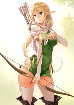1girl arrow__projectile blonde_hair blue_eyes bow__weapon breasts capelet closed_mouth contrapposto cowboy_shot detached_sleeves dress elf green_dress hair_between_eyes holding holding_weapon kekemotsu long_hair looking_afar medium_breasts microdress panties pointy_ears ponytail quiver side_tie_panties sideboob skindentation solo standing thighhighs underwear weapon white_capelet white_panties white_sleeves white_thighhighs