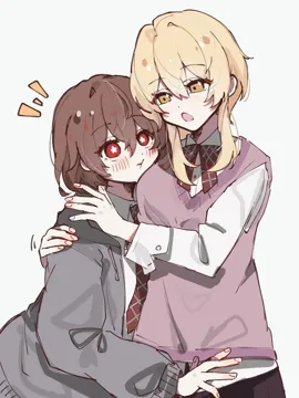2girls _t blonde_hair blush bow bowtie bright_pupils brown_hair closed_mouth collared_shirt contemporary flower_shaped_pupils grey_jacket hand_on_another_s_shoulder head_on_another_s_shoulder jacket long_hair long_sleeves looking_at_another multiple_girls necktie notice_lines open_mouth purple_sweater_vest red_bow red_bowtie red_eyes red_necktie school_uniform shirt short_hair_with_long_locks simple_background sweater_vest symbol_shaped_pupils upper_body white_background white_pupils white_shirt yellow_eyes jako_gnsn genshin_impact hu_tao__genshin_impact lumine__genshin_impact