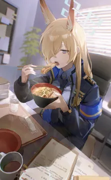 1girl animal_ear_fluff animal_ears black_jacket black_necktie blonde_hair blue_eyes blue_halo blue_shirt blush breasts chopsticks coffee coffee_mug collared_shirt cup dog_ears dog_girl eating extra_ears food food_on_face hair_over_one_eye halo holding holding_chopsticks indoors jacket katsudon__food large_breasts long_hair long_sleeves looking_at_viewer mug necktie open_clothes open_jacket open_mouth shirt solo flatshi blue_archive kanna__blue_archive