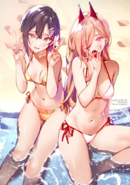 2girls artist_name asymmetrical_hair bare_legs barefoot beach bikini black_hair blonde_hair blush breasts chainsaw_man cleavage collarbone cross_shaped_pupils day demon_horns double_v eyebrows_hidden_by_hair eyelashes fanbox_username footprints from_above furrowed_brow hair_between_eyes hair_ornament hair_over_one_eye hairclip halterneck hand_to_own_mouth higashiyama_kobeni horns long_hair looking_at_viewer medium_breasts medium_hair multiple_girls navel nervous open_mouth orange_eyes outdoors parted_bangs patreon_username ponytail power__chainsaw_man red_horns saliva short_ponytail side_tie_bikini_bottom sitting sitting_on_water stomach string_bikini swimsuit sydus symbol_shaped_pupils thigh_gap tongue tongue_out v_over_mouth water white_bikini yellow_bikini