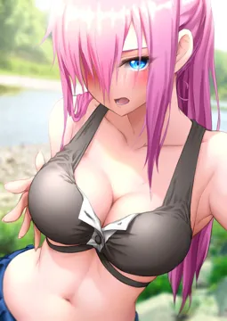1girl armpit_crease bikini black_bikini blue_eyes blurry blurry_background blush breasts cleavage collarbone day dutch_angle eyelashes eyes_visible_through_hair foreshortening hair_between_eyes hair_over_one_eye hair_over_shoulder half_updo hand_on_own_chest kawaii_dake_ja_nai_shikimori_san large_breasts lips long_bangs long_hair looking_at_viewer lower_teeth_only midriff navel one_eye_covered open_mouth outdoors pink_hair ponytail presenting_breasts river royboy shikimori_miyako solo swimsuit teeth upper_body v_shaped_eyebrows very_long_hair