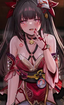 1boy 1girl bare_shoulders bell black_hair breasts brown_hair caelus__honkai__star_rail choker cleavage detached_sleeves dress efuri__riarea00 fox_mask honkai__series honkai__star_rail long_hair looking_at_viewer mask mask_on_head nail_polish obi pink_eyes purple_eyes red_dress red_nails sash smile solo_focus sparkle__honkai__star_rail straddling tongue trailblazer__honkai__star_rail twintails very_long_hair