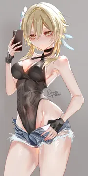 1girl aegyo_sal bare_shoulders black_gloves blonde_hair breasts cellphone cleavage covered_navel covered_nipples criss_cross_halter denim denim_shorts fingerless_gloves flower genshin_impact gloves hair_flower hair_ornament hair_ribbon halterneck highleg highleg_leotard leotard leotard_under_clothes lumine__genshin_impact medium_breasts navel partially_undressed phone pottsness ribbon selfie short_hair shorts skin_tight skindentation solo thighs torn torn_clothes torn_shorts twitter_username undressing yellow_eyes