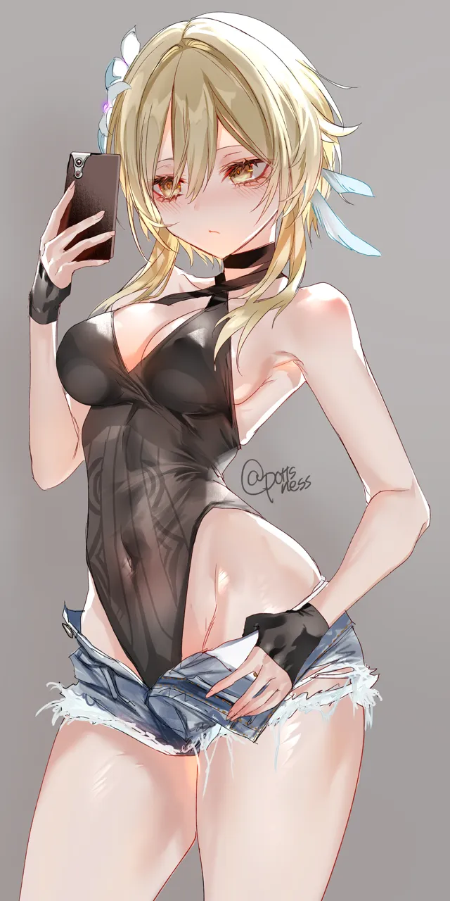 1girl aegyo_sal bare_shoulders black_gloves blonde_hair breasts cellphone cleavage covered_navel covered_nipples criss_cross_halter denim denim_shorts fingerless_gloves flower genshin_impact gloves hair_flower hair_ornament hair_ribbon halterneck highleg highleg_leotard leotard leotard_under_clothes lumine__genshin_impact medium_breasts navel partially_undressed phone pottsness ribbon selfie short_hair shorts skin_tight skindentation solo thighs torn torn_clothes torn_shorts twitter_username undressing yellow_eyes