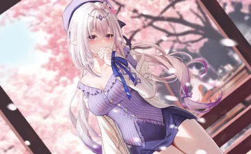 1girl alternate_costume beret breasts cherry_blossoms cleavage flower grey_sweater hair_flower hair_ornament hat large_breasts long_hair outdoors pointy_ears purple_eyes purple_hair purple_shirt purple_skirt shirt skirt solo sweater thighs raidriar_18 honkai__star_rail honkai__series castorice__honkai__star_rail