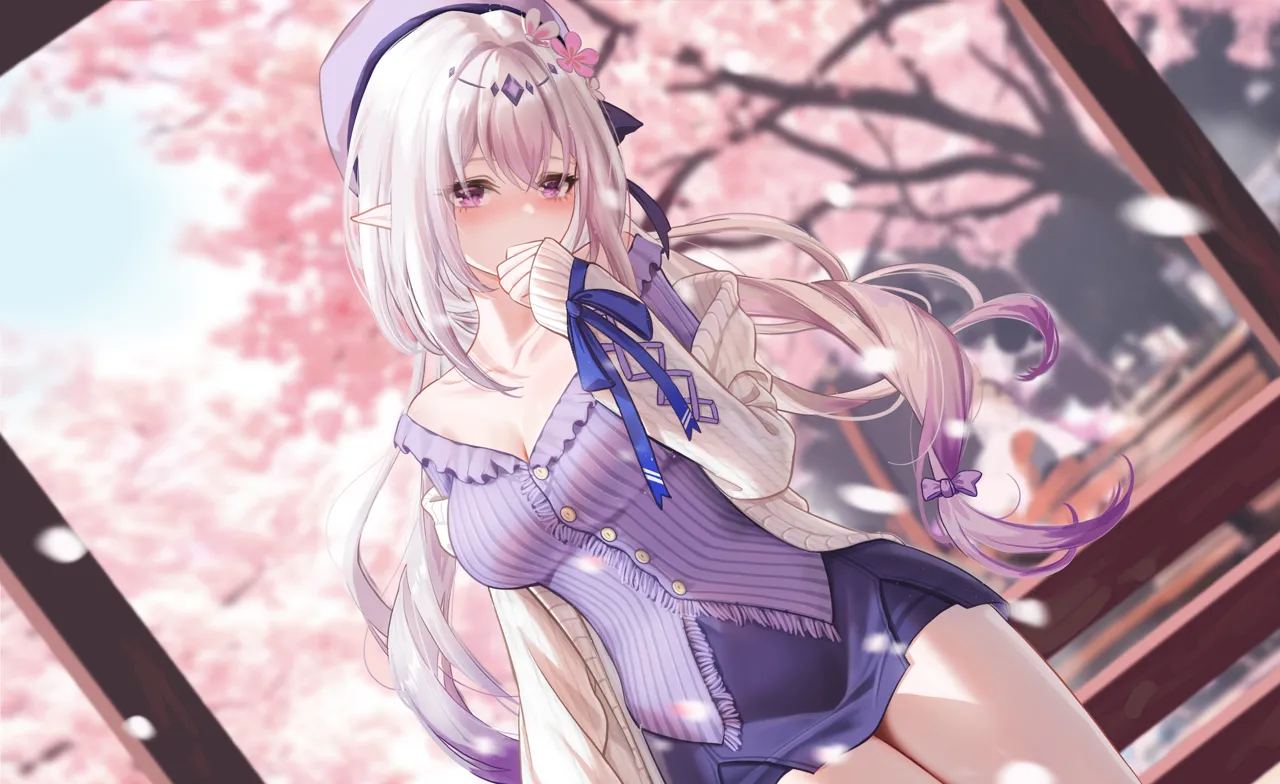 1girl alternate_costume beret breasts cherry_blossoms cleavage flower grey_sweater hair_flower hair_ornament hat large_breasts long_hair outdoors pointy_ears purple_eyes purple_hair purple_shirt purple_skirt shirt skirt solo sweater thighs raidriar_18 honkai__star_rail honkai__series castorice__honkai__star_rail