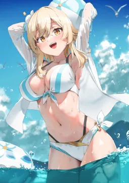 1girl alternate_costume armpits arms_up ball beachball bikini bird blonde_hair blue_sky breasts cloud cloudy_sky cowboy_shot day flower front_tie_bikini_top front_tie_top genshin_impact hair_between_eyes hair_flower hair_ornament halterneck holding holding_ball holding_beachball large_breasts layered_bikini looking_at_viewer lumine__genshin_impact navel o_ring o_ring_bikini open_clothes open_mouth open_shirt outdoors partially_underwater_shot see_through_clothes see_through_shirt shirt short_hair_with_long_locks side_tie_bikini_bottom sidelocks skindentation sky smile solo stomach swimsuit teeth thighs upper_teeth_only wading water water_drop wet wet_clothes wet_shirt white_bikini white_flower white_shirt xkirara39x yellow_eyes