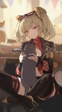 1girl animal black_jacket black_thighhighs blonde_hair blurry blurry_background cat closed_mouth eyewear_on_head grey_cat holding holding_animal holding_cat jacket long_sleeves looking_at_viewer red_eyes short_hair sitting smile solo sunglasses thighhighs twintails jiang_zhuti_jiojio zenless_zone_zero burnice_white