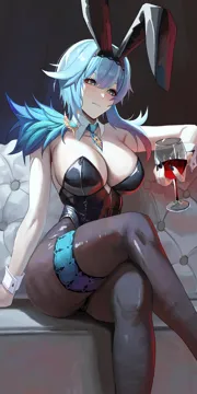 1girl alternate_costume animal_ears black_leotard black_nails blue_hair blue_necktie breasts closed_mouth cup detached_collar drinking_glass eula__genshin_impact fake_animal_ears genshin_impact hairband holding holding_cup large_breasts leotard light_frown nail_polish necktie pantyhose playboy_bunny rabbit_ears rasipan short_necktie sitting solo thigh_strap vision__genshin_impact wine_glass wing_collar wrist_cuffs yellow_eyes