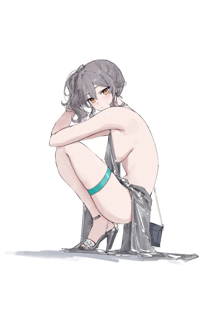 1girl alternate_costume alternate_hairstyle azur_lane backless_dress backless_outfit bare_legs bare_shoulders black_bag blush breasts closed_mouth cosplay dress evening_gown feint721 grey_hair grey_sandals high_heel_sandals high_heels honkai__series honkai__star_rail large_breasts legs looking_at_viewer medium_hair sandals sideboob sideless_dress sideless_outfit silver_dress simple_background solo squatting st__louis__azur_lane st__louis__azur_lane__cosplay st__louis__luxurious_wheels__azur_lane stelle__honkai__star_rail thigh_strap thighs trailblazer__honkai__star_rail white_background yellow_eyes