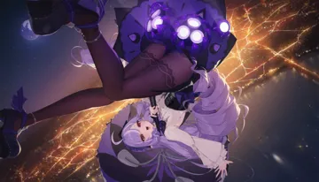 1girl ahoge black_pantyhose black_shoes drill_hair holding holding_umbrella long_hair long_sleeves looking_at_viewer mole mole_under_eye multicolored_hair open_mouth pantyhose parasol patterned_legwear pointy_ears purple_hair red_eyes shirt shoes short_hair smile solo streaked_hair umbrella white_hair white_shirt monoco55 zenless_zone_zero vivian__zenless_zone_zero