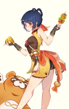 1girl ass bell belt between_breasts black_gloves blue_hair blush breasts chinese_clothes closed_mouth fingerless_gloves flower_knot food from_side gloves hair_ornament hair_rings hairclip hands_up holding holding_food legs lettuce paw_print short_eyebrows short_hair short_shorts shorts simple_background skewer small_breasts smile steamed_bun strap_between_breasts thigh_strap thighs watermark yellow_eyes mihan__mihan_art genshin_impact guoba__genshin_impact xiangling__genshin_impact