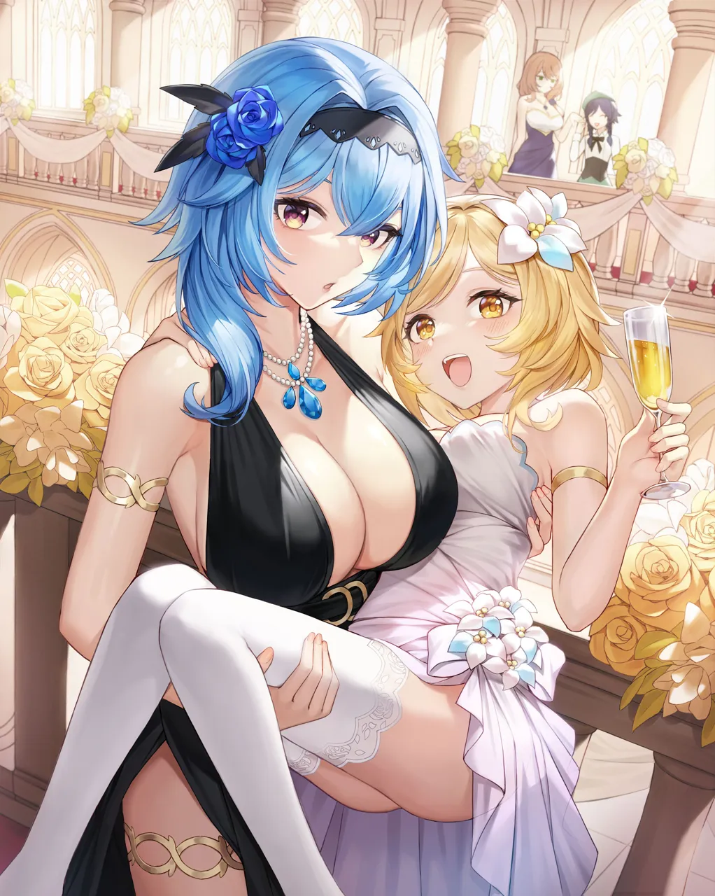 _o 1boy 3girls alternate_costume armlet asymmetrical_hair beret black_dress black_hair black_hairband blonde_hair blue_flower blue_hair blue_rose breasts brown_hair carrying carrying_person closed_eyes cup dress eula__genshin_impact evening_gown flower genshin_impact gradient_eyes green_eyes green_headwear hair_flower hair_ornament hairband hat holding holding_cup holding_hands indoors jewelry large_breasts lisa__genshin_impact looking_at_viewer lumine__genshin_impact masai medium_hair multicolored_eyes multiple_girls necklace open_mouth princess_carry purple_eyes railing rose short_hair smile thighhighs thighlet thighs venti__genshin_impact wavy_hair white_dress white_flower white_thighhighs yellow_eyes yellow_flower yellow_rose yuri