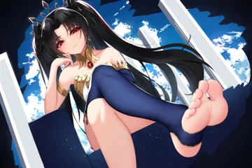 _3 1girl amulet armlet bare_shoulders black_hair closed_mouth crossed_legs earrings elbow_gloves elbow_rest fate__series fate_grand_order feet foot_focus gloves gold gold_earrings ishtar__fate jewelry legs long_hair looking_at_viewer neck_ring nekoda__maoda no_shoes red_eyes single_bare_leg single_elbow_glove single_thighhigh sitting smug soles solo stirrup_legwear thighhighs tiara toeless_legwear toes twintails two_side_up