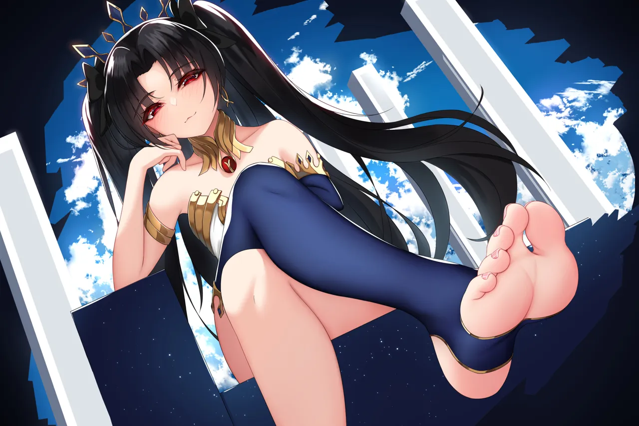_3 1girl amulet armlet bare_shoulders black_hair closed_mouth crossed_legs earrings elbow_gloves elbow_rest fate__series fate_grand_order feet foot_focus gloves gold gold_earrings ishtar__fate jewelry legs long_hair looking_at_viewer neck_ring nekoda__maoda no_shoes red_eyes single_bare_leg single_elbow_glove single_thighhigh sitting smug soles solo stirrup_legwear thighhighs tiara toeless_legwear toes twintails two_side_up