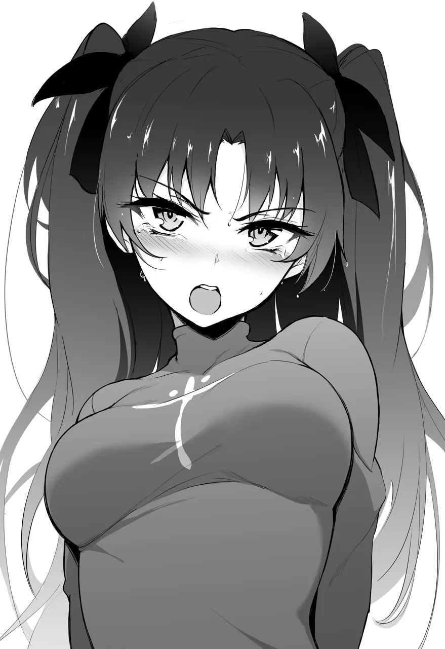 1girl arms_behind_back blush bow breasts comiket_98 covered_collarbone crying crying_with_eyes_open fate__series fate_stay_night greyscale hair_between_eyes hair_bow hair_ribbon kyokucho long_hair long_sleeves looking_at_viewer medium_breasts monochrome open_mouth parted_bangs ribbon ringed_eyes simple_background solo taut_clothes tearing_up tears teeth tohsaka_rin tsurime turtleneck two_side_up upper_body upper_teeth_only v_shaped_eyebrows white_background