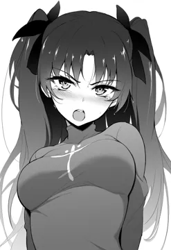 1girl arms_behind_back blush bow breasts comiket_98 covered_collarbone crying crying_with_eyes_open fate__series fate_stay_night greyscale hair_between_eyes hair_bow hair_ribbon kyokucho long_hair long_sleeves looking_at_viewer medium_breasts monochrome open_mouth parted_bangs ribbon ringed_eyes simple_background solo taut_clothes tearing_up tears teeth tohsaka_rin tsurime turtleneck two_side_up upper_body upper_teeth_only v_shaped_eyebrows white_background
