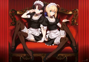 2girls ahoge apron black_hair black_thighhighs blonde_hair breasts choker cleavage feet_on_chair frilled_thighhighs frills green_eyes hair_ribbon leg_up long_legs looking_at_viewer maid maid_headdress medium_breasts multiple_girls official_alternate_costume ribbon sitting smile thighhighs twintails two_side_up wrist_cuffs zettai_ryouiki takeuchi_takashi fate_stay_night fate__series artoria_pendragon__fate saber__fate tohsaka_rin