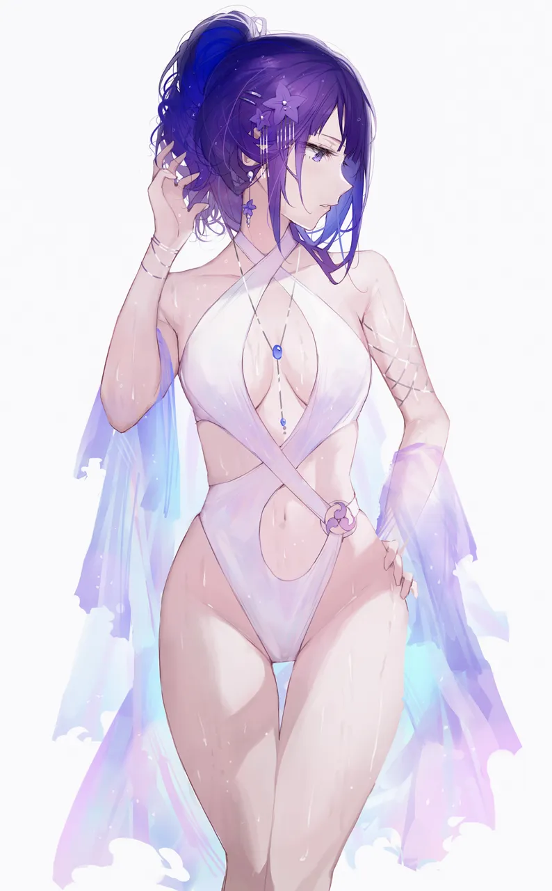 1girl alternate_hairstyle arm_up armlet bare_shoulders bellflower blue_hair bracelet breasts casual_one_piece_swimsuit chinese_bellflower cleavage collarbone colored_inner_hair criss_cross_halter earrings feet_out_of_frame floating_earring flower flower_earrings genshin_impact groin hair_flower hair_ornament halterneck hand_in_own_hair hand_on_own_hip hand_up jewelry looking_down looking_to_the_side medium_breasts mitsudomoe__shape multicolored_hair navel necklace o_ring one_piece_swimsuit parted_lips ponytail purple_eyes purple_flower purple_hair qiandaiyiyu raiden_shogun short_hair short_ponytail simple_background solo standing swimsuit thigh_gap thighs tomoe__symbol vision__genshin_impact wet white_background white_one_piece_swimsuit