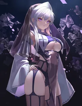 1girl arm_at_side black_headwear black_panties blurry breasts cowboy_shot cross cross_laced_clothes cross_print dark debris depth_of_field detached_sleeves dress eyelashes fishnet_thighhighs fishnets garter_belt grey_dress grey_thighhighs groin habit hand_on_own_hip high_waist_dress large_breasts layered_dress long_sleeves looking_at_viewer nail_polish nun panties parted_lips pelvic_curtain purple_eyes purple_nails revealing_clothes see_through_clothes short_hair_with_long_locks sidelocks skindentation sleeves_past_fingers sleeves_past_wrists solo thighhighs underboob underwear white_hair wide_sleeves xzu