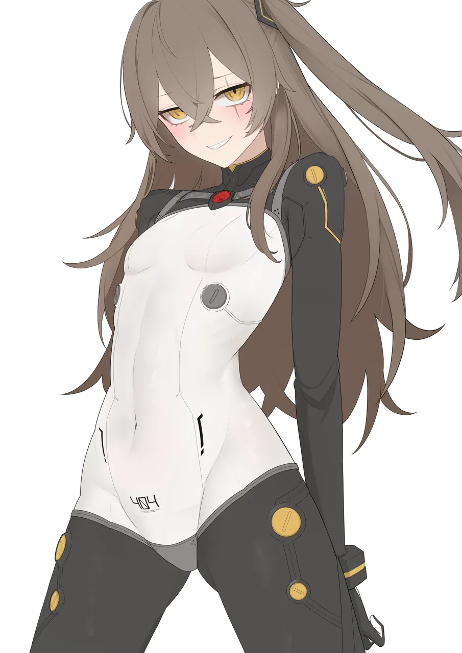 1girl 404__girls__frontline 404_logo__girls__frontline alternate_costume blush bodysuit breasts brown_hair cowboy_shot grey_bodysuit grin hair_between_eyes long_hair mecha_pilot_suit multicolored_bodysuit one_side_up plugsuit__evangelion scar scar_across_eye scar_on_face skin_tight small_breasts smile solo test_plugsuit__evangelion two_tone_bodysuit very_long_hair yellow_eyes re1kirisaki342 evangelion__2_0_you_can__not__advance girls__frontline neon_genesis_evangelion rebuild_of_evangelion ump45__girls__frontline