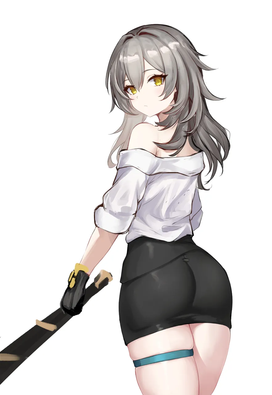 1girl adapted_costume ass ass_focus black_gloves expressionless gloves grey_hair hair_between_eyes holding holding_weapon looking_at_viewer medium_hair off_shoulder_shirt off_shoulder shirt sketch skindentation sleeve_rolled_up sleeves_rolled_up solo thigh_strap thighs weapon white_shirt yellow_eyes mini2chainz honkai__star_rail honkai__series stelle__honkai__star_rail trailblazer__honkai__star_rail