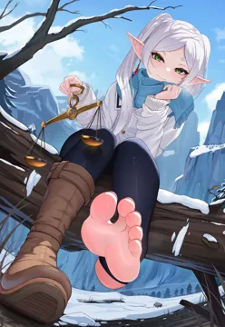1girl balance_scale black_pants blue_scarf blue_sky blush boots brown_footwear closed_mouth day elf feet foot_focus frieren full_body green_eyes holding_scale knee_boots knees_together_feet_apart long_hair long_sleeves looking_at_viewer nekoda__maoda no_shoes pants pointy_ears scarf shoes single_shoe sitting sky smile snow soles solo sousou_no_frieren stirrup_legwear toeless_legwear toes twintails weighing_scale white_hair winter