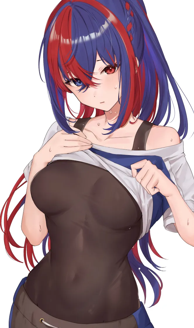 1girl alear__female__fire_emblem alear__fire_emblem alternate_costume alternate_hairstyle black_undershirt blue_eyes blue_hair braid breasts breasts_apart clothes_lift collarbone covered_navel crossed_bangs crown_braid fire_emblem fire_emblem_engage hair_between_eyes haru__nakajou_28 heterochromia looking_at_viewer medium_breasts multicolored_hair official_alternate_costume official_alternate_hairstyle pants ponytail red_eyes red_hair shirt_lift short_hair solo split_color_hair sweat sweatpants training_outfit__fire_emblem_engage white_background workout_clothes