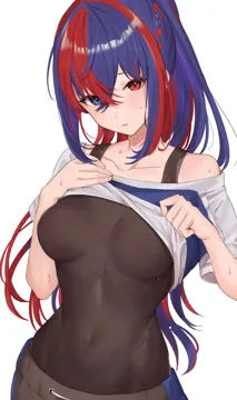 1girl alear__female__fire_emblem alear__fire_emblem alternate_costume alternate_hairstyle black_undershirt blue_eyes blue_hair braid breasts breasts_apart clothes_lift collarbone covered_navel crossed_bangs crown_braid fire_emblem fire_emblem_engage hair_between_eyes haru__nakajou_28 heterochromia looking_at_viewer medium_breasts multicolored_hair official_alternate_costume official_alternate_hairstyle pants ponytail red_eyes red_hair shirt_lift short_hair solo split_color_hair sweat sweatpants training_outfit__fire_emblem_engage white_background workout_clothes