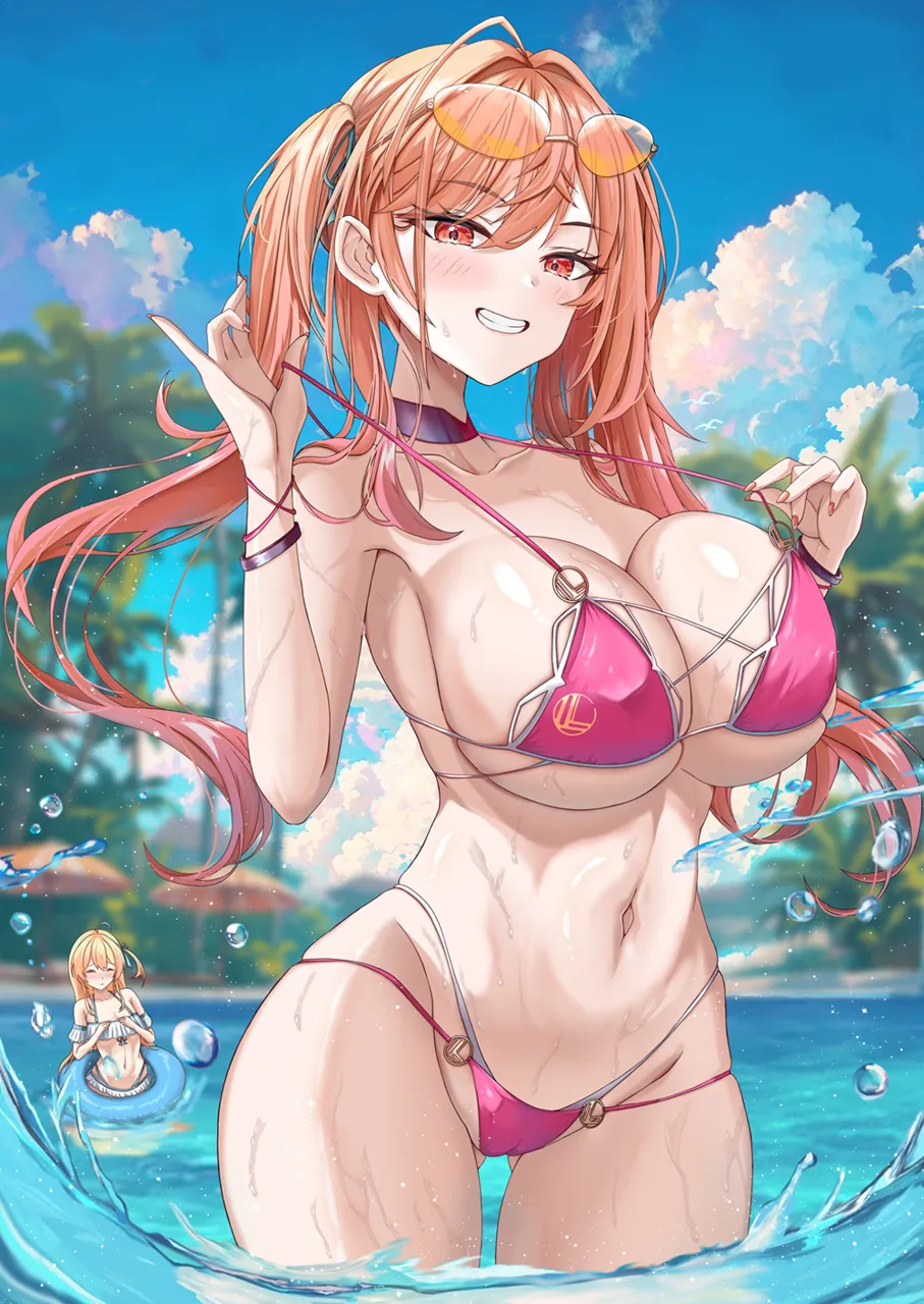2girls alternate_costume alternate_hairstyle ass_visible_through_thighs beach beach_umbrella bikini bikini_pull blonde_hair blush breast_envy breasts choker clothes_pull eyewear_on_head flat_chest flat_chest_joke grin hololive hololive_dev_is ichijou_ririka innertube kennedukennedy1 large_breasts long_hair looking_at_viewer multiple_girls navel one_side_up orange_eyes orange_hair orange_nails otonose_kanade outdoors pink_bikini sideboob smile stomach swim_ring swimsuit twintails umbrella underboob virtual_youtuber wading wristband