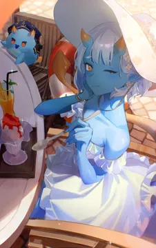 1girl bare_shoulders bendy_straw beret blue_skin blurry blurry_background bracelet bright_pupils brown_hair chair closed_mouth collarbone colored_skin creature cup depth_of_field dress drinking_glass drinking_straw fang flower food frilled_dress frills fruit garnish gradient_horns grey_hair hair_flower hair_ornament hand_on_own_cheek hand_on_own_face hand_up hands_up hat hat_ribbon holding holding_spoon horns jewelry juice looking_at_viewer multicolored_horns off_shoulder_dress off_shoulder on_chair one_eye_closed orange__fruit orange_eyes orange_horns orange_slice outdoors pavement pointy_ears ribbon shaved_ice short_hair sitting skin_covered_horns skin_fang smile solo sparkle spoon sun_hat swim_ring table tail tray white_dress white_flower white_hat white_pupils flatshi sea_angel__monoco55