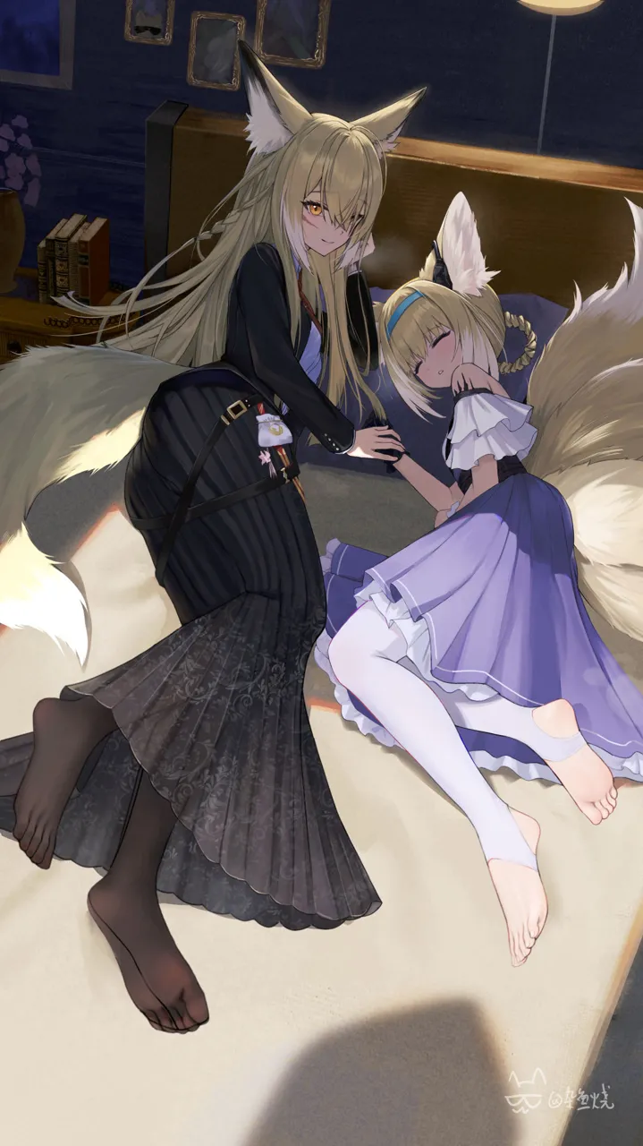 2girls animal_ear_fluff animal_ears black_gloves black_jacket black_pantyhose black_skirt blonde_hair blue_hairband book braid closed_mouth feet fox_ears fox_girl fox_tail full_body gloves hairband indoors jacket long_hair long_skirt looking_at_viewer mother_and_daughter multicolored_hair multiple_girls on_bed orange_eyes pantyhose scar scar_on_face single_glove skirt sleeping smile tail white_hair white_pantyhose zayur arknights suzuran__arknights vulpisfoglia__arknights