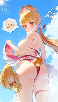1girl _t adapted_costume animal_ears arched_back ass bare_arms bare_back bare_shoulders bikini bikini_skirt blonde_hair blue_sky blunt_bangs blush braid braided_bangs breasts closed_mouth clothes_lift cloud cowboy_shot day flying_sweatdrops from_behind from_below hair_lift hair_ornament hairband halterneck hands_up heterochromia lifting_own_clothes long_hair looking_at_viewer looking_back looking_down low_twintails medium_breasts multicolored_bikini outdoors pout rabbit_ears rabbit_girl rabbit_tail raised_eyebrows red_bikini red_eyes skirt skirt_lift sky solo speech_bubble sphere_hair_ornament spoken_character standing sun swimsuit tail tearing_up thigh_strap twintails two_tone_bikini very_long_hair white_bikini white_hairband yellow_eyes yamisroot zenless_zone_zero alice_thymefield alice_thymefield__sea_of_thyme