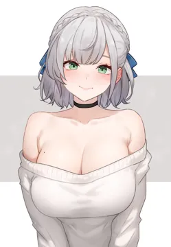 1girl black_choker bluefield braid breasts choker cleavage closed_mouth crown_braid green_eyes grey_background grey_hair hololive large_breasts looking_at_viewer mole mole_on_breast off_shoulder off_shoulder_sweater official_alternate_costume official_alternate_hairstyle shirogane_noel shirogane_noel__casual simple_background smile solo sweater two_tone_background upper_body virtual_youtuber white_background white_sweater
