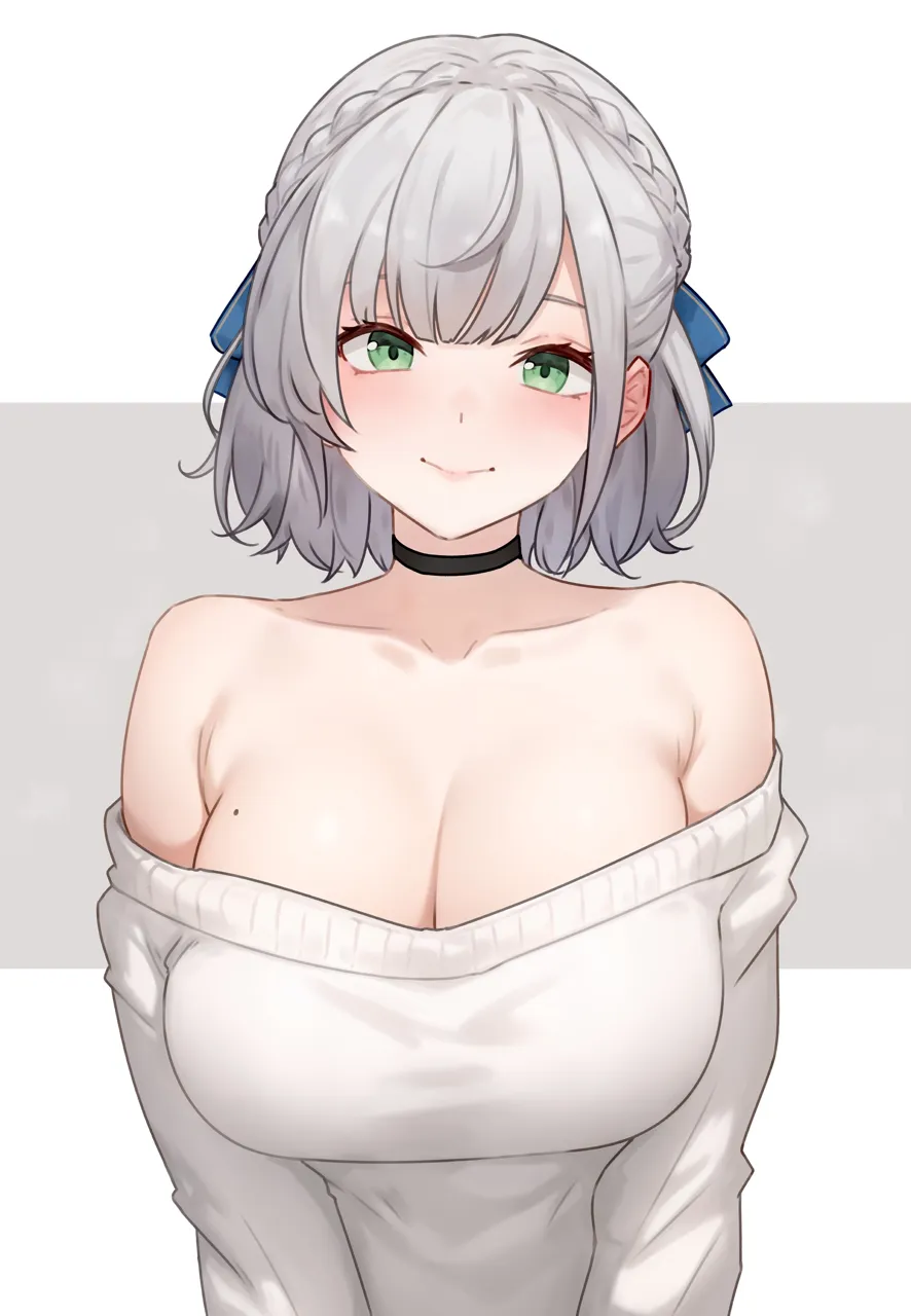 1girl black_choker bluefield braid breasts choker cleavage closed_mouth crown_braid green_eyes grey_background grey_hair hololive large_breasts looking_at_viewer mole mole_on_breast off_shoulder off_shoulder_sweater official_alternate_costume official_alternate_hairstyle shirogane_noel shirogane_noel__casual simple_background smile solo sweater two_tone_background upper_body virtual_youtuber white_background white_sweater